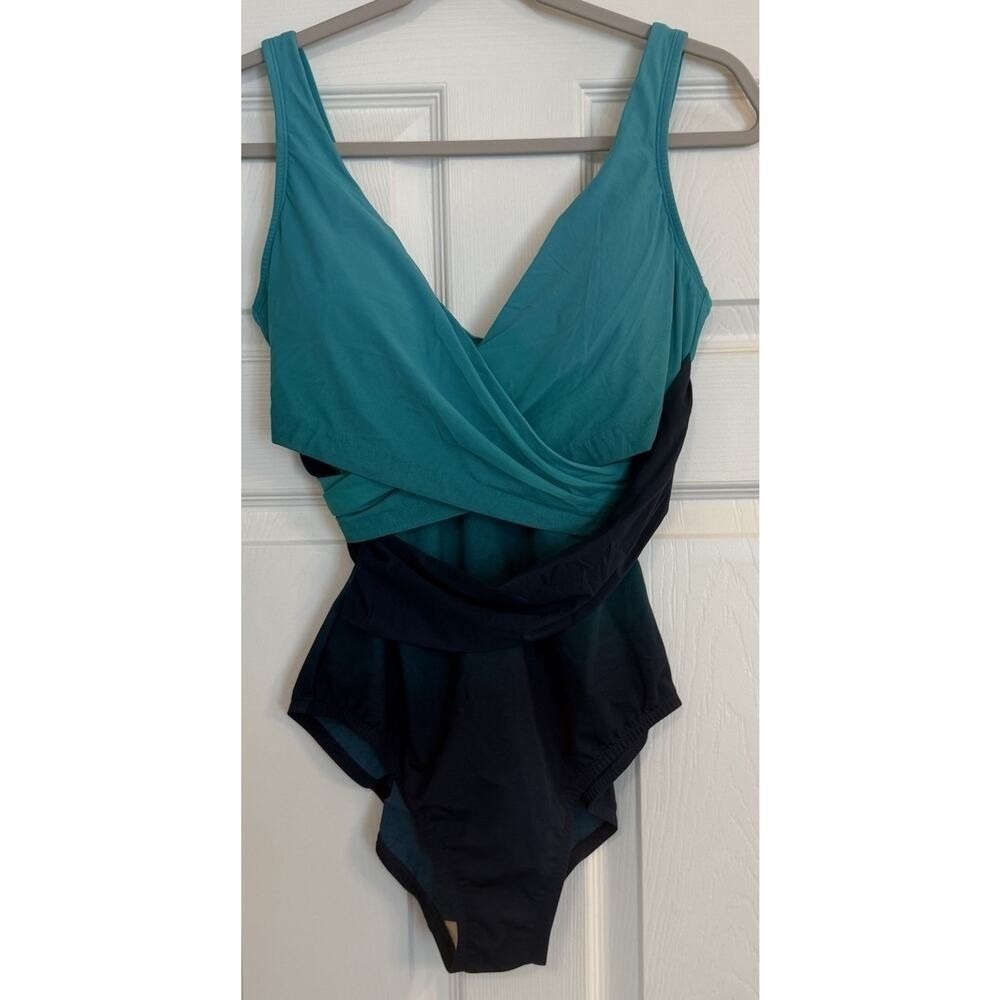 Lands' End Slender Suit Swimsuit 12 Green Wrap Front Slimming ~MSRP $255~ EUC‎
